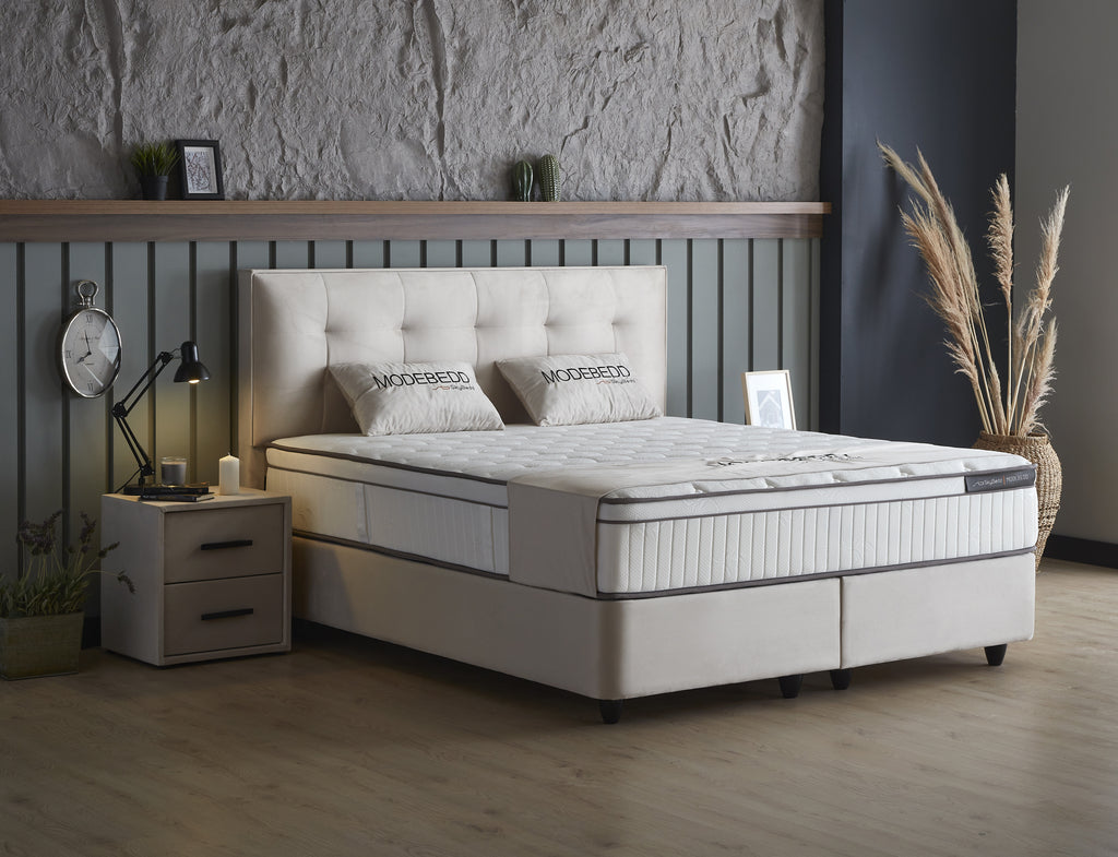 Boxspring Skybedd Birdybedd 140x200 Beige - Opbergruimte - Met Luxe Matrass