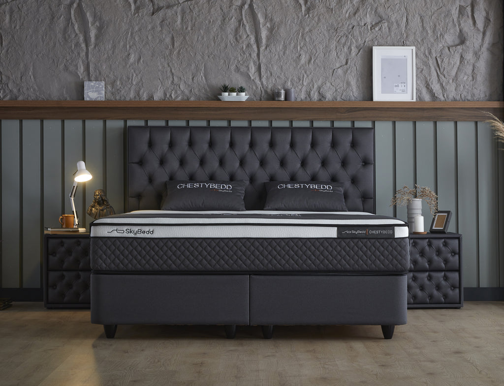 Boxspring Skybedd Chestybedd 140x200 Antraciet - Opbergruimte - Met Luxe Matrass