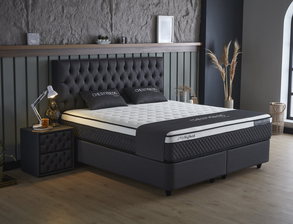 Boxspring Skybedd Chestybedd 140x200 Antraciet - Opbergruimte - Met Luxe Matrass