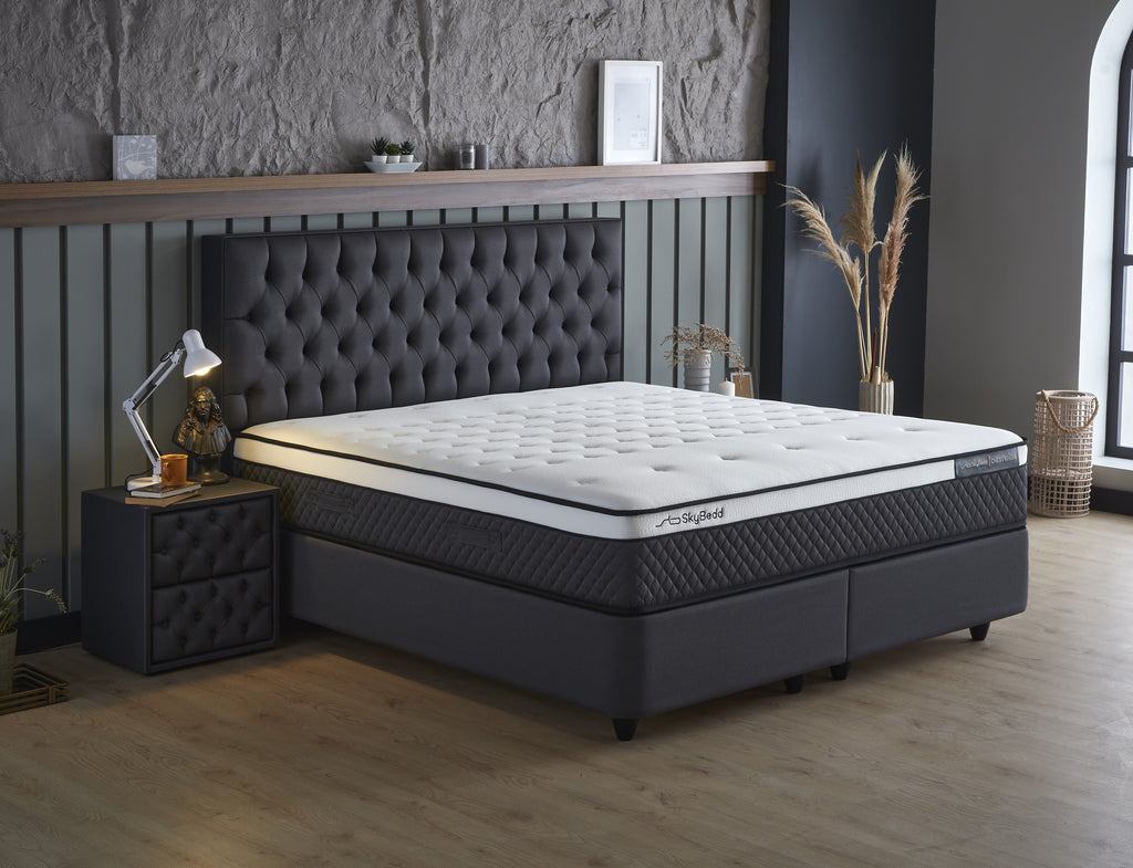 Boxspring Skybedd Chestybedd 140x200 Antraciet - Opbergruimte - Met Luxe Matrass